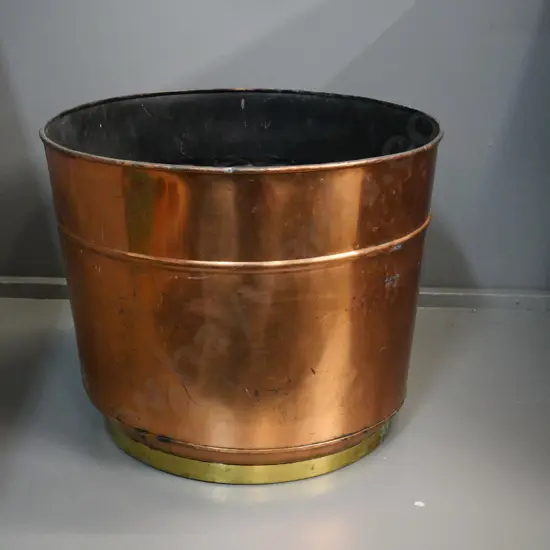 copper wood bin with brass band around base H-400 Diameter 490 at top