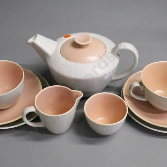 Poole coral pink & grey tea for two with teapot, cream & sugar, 2 trios