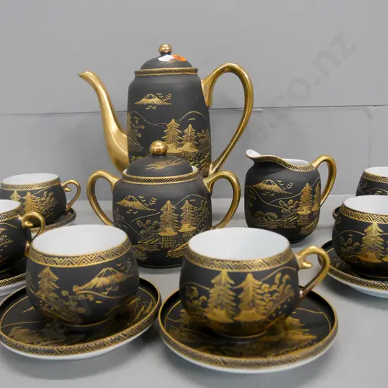 Japanese  black and gold geisha coffee set with creamer and sugar H-180 (chip to one saucer)