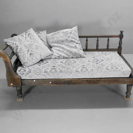 colonial dark-stained timber day bed w/turned spindle back and end, velvet cushions, polish need work H720 L1600 D650