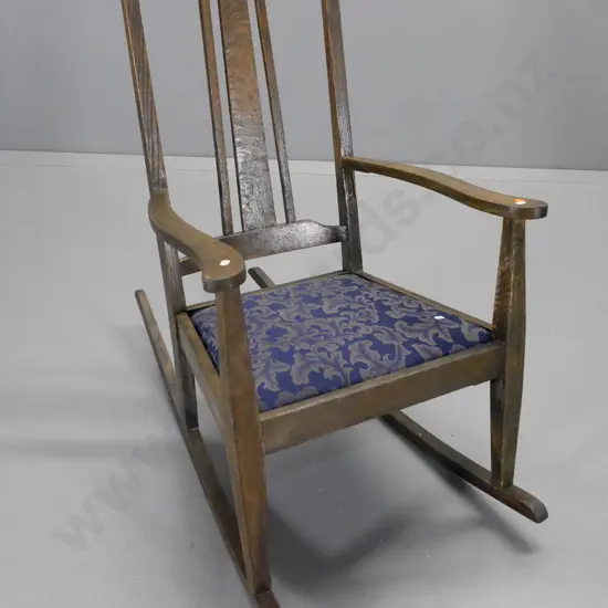 deco oak rocking chair with slat back and damask-upholstered seat H900 W580 D970