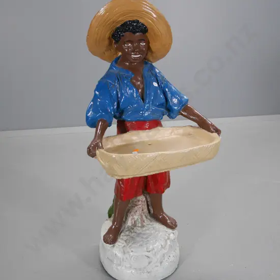 painted cast concrete garden figure / bird feeder - boy holding tray H800 W370 D340
