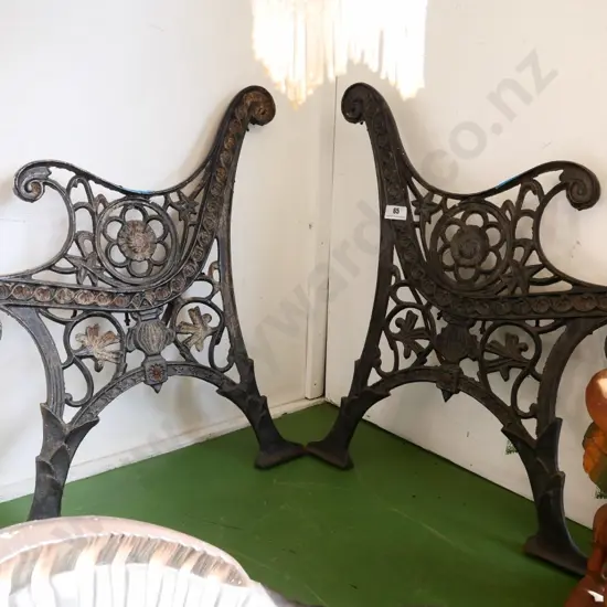 pair of black painted vintage cast iron garden seat ends H780 D640