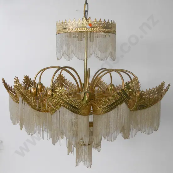 large & ornate 16-light pierced brass ceiling light fitting with beaded tassels - approx H750 Diameter 800