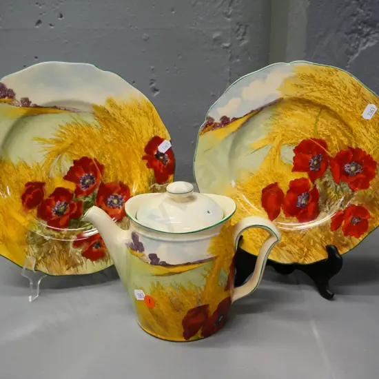 Royal Doulton Poppies in the Corn Field teapot and 2 plates - larger D-260 & teapot have some crazing