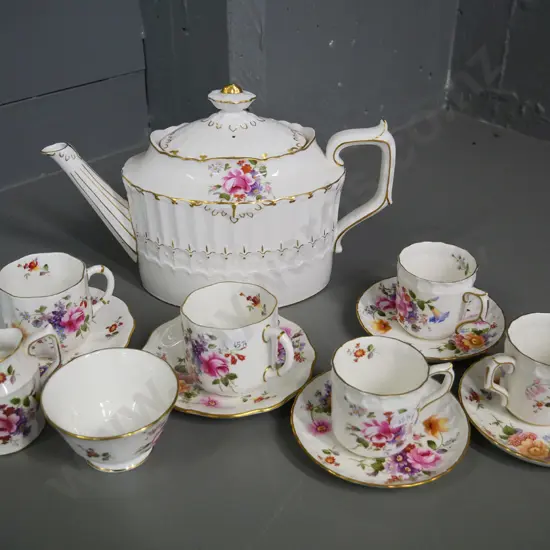 Royal Crown Derby floral china, some are Derby Posies pattern - includes teapot, 2 cups & saucers, cream & sugar, etc.