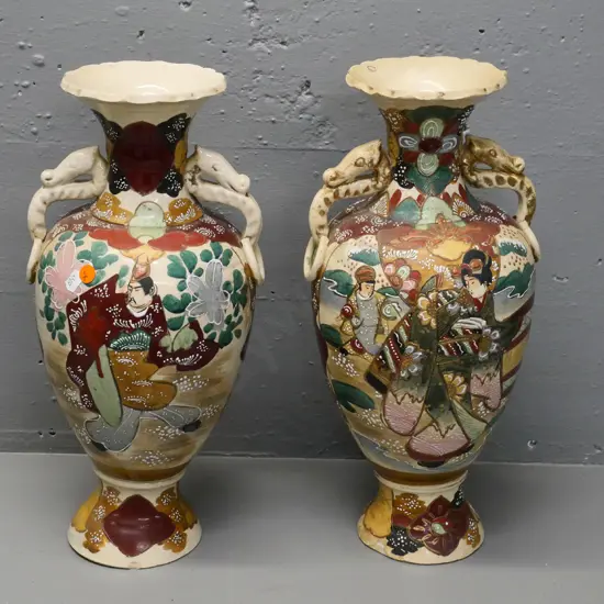 vintage pair of Satsuma dragon-handled vases - both have small chips to base H-400