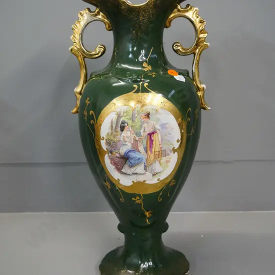 vintage European large handled vase - classical pattern on dark green - some gilt rubbed off handle H420