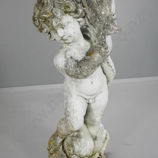 cast concrete classical style garden statue - boy holding large fish H-700