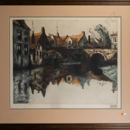framed coloured etching - river and houses H-530 W-660