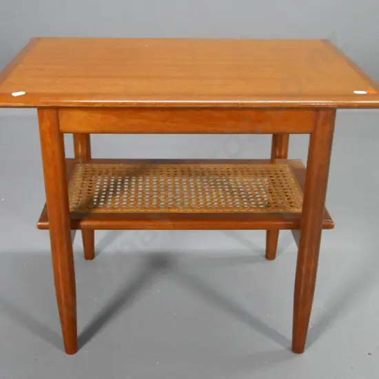 mid-century mahogany occasional table with bergere cane shelf H-480 L-590 W-390
