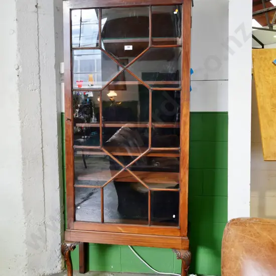 antique display cabinet w/4 adjustable shelves, door with astragals, crack to one pane, missing piece beading H2070 W900