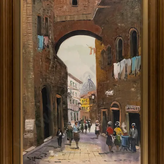illegible signature - framed oil - street scene H-660 W-480