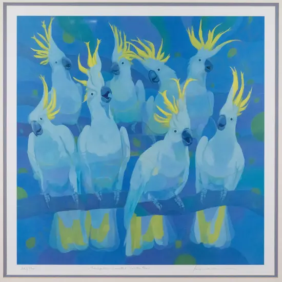 illegible signature - framed limited edition print 651/750- cockatoos H-490 W-490