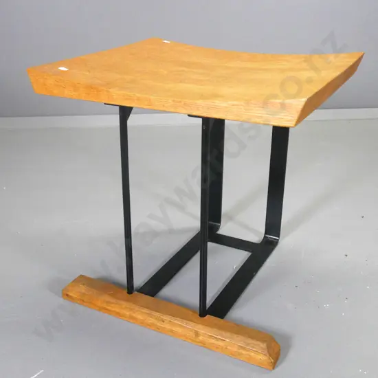 mid-century seat with oak top and leg rail on black painted iron base H-475 W-480 D-410