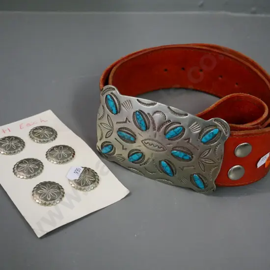 wide leather belt & large nickel-silver buckle with turquoise inset and 6 engraved silver-finish bachelor's buttons