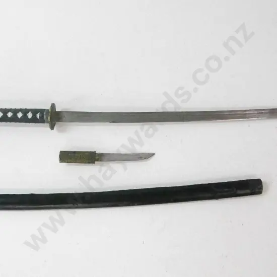 Japanese style sword L-1030 with leather sheath, smaller knife inset into handle of larger - wear & corrosion