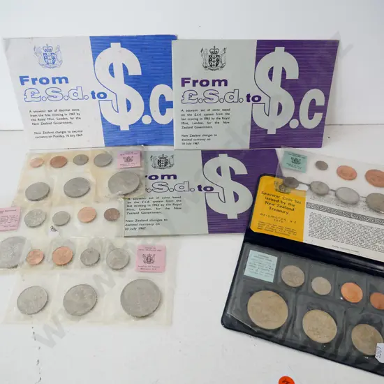 8 New Zealand coin sets - 1967 sets, some multiples, 1965 and one vinyl cased 1970 Royal Tour