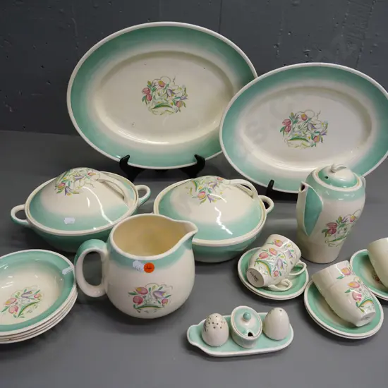 Susie Cooper Springtime items coffee pot, vege dishes, ashetts, etc. (chip to bowl, condiment set)