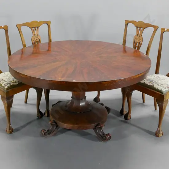 round dining table w/flame veneer top, pedestal base, 4 carved-back chairs & 2 unmatched. Finish rough D-1370