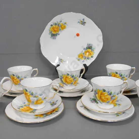 Queen Anne yellow tea set - 5 trios, cake plate, creamer, sugar