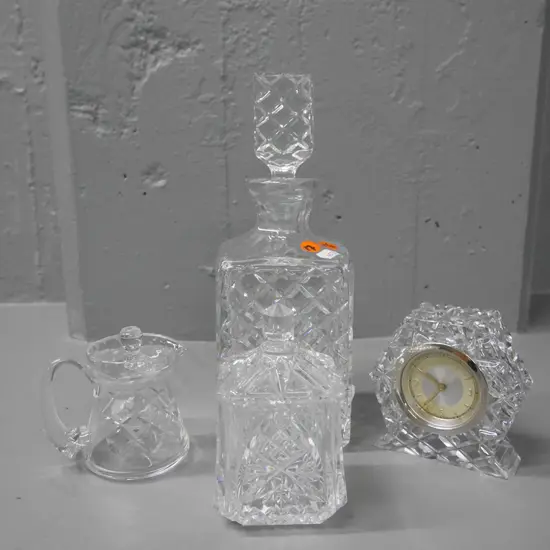 crystal decanter, jug, honey pot, bedside clock Decanter H-260 (chip to decanter rim)