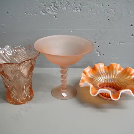 glassware - marigold carnival dish with milk glass edge, frosted pink comport & a depression glass vase, missing frog