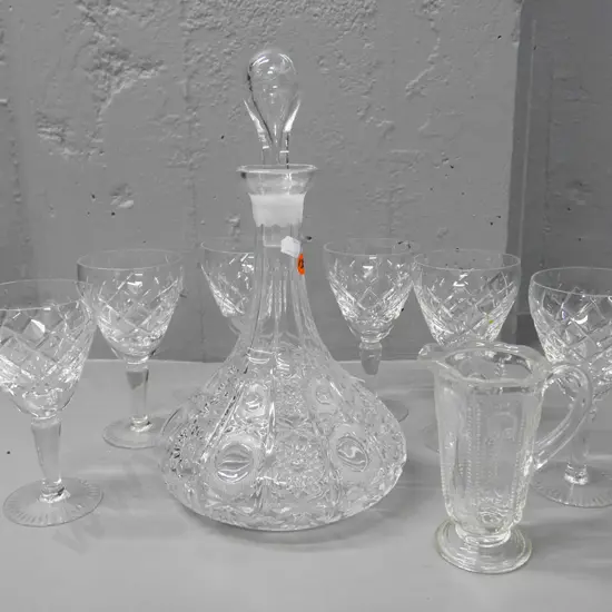ship's decanter, 6 crystal wine glasses, small jug Decanter H-320