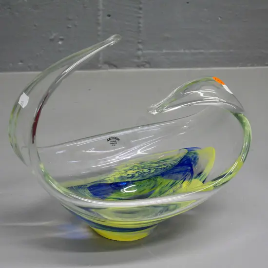 Hokitika Glass Studio boat-shaped art glass bowl - multi-colour and clear H-210 L-230