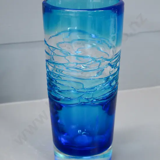 art glass vase - relief pattern turquoise, blue and clear H-210 D-95