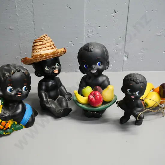 4 retro figures, one with faux fruit in cart - some minor paint loss, tallest H-180