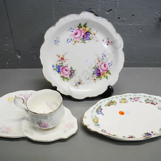 3 bone china items - Royal Albert Covent Garden dish, Old Foley floral plate (crazing) & tennis set made in Taiwan