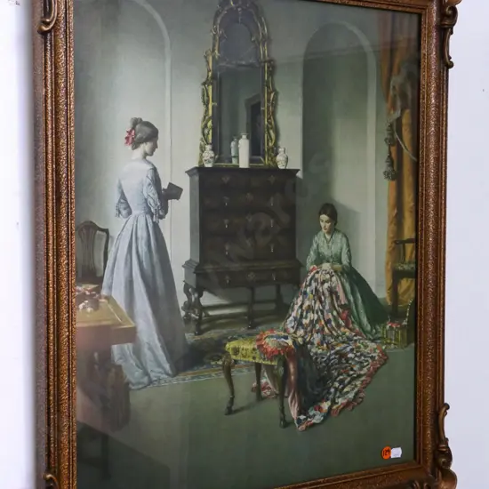 gilt framed print - "2 Women quilting & reading " H-515 W-430