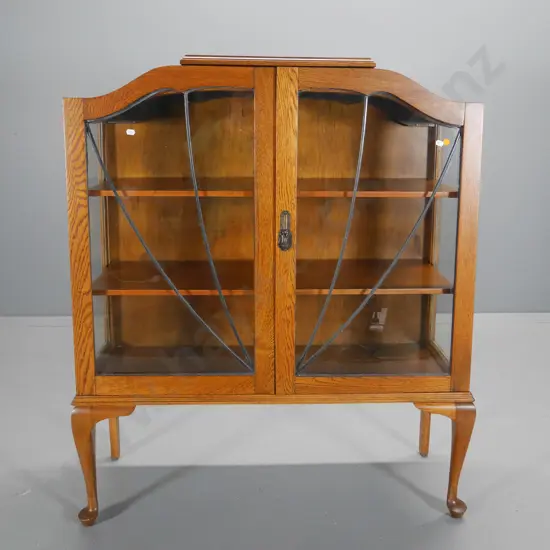 deco oak cab-leg china cabinet - 2 leadlight doors, metal drop handles H1090 W930 D360