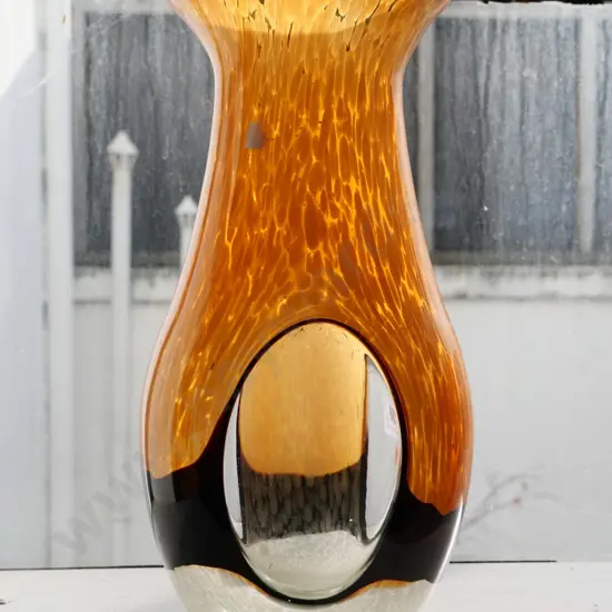 art glass vase - mottled orange and cream with clear oval lozenges H-340