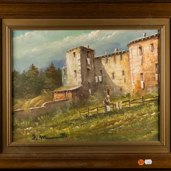 illegible signature- framed oil -women hanging washing over fence- H-270 W-360