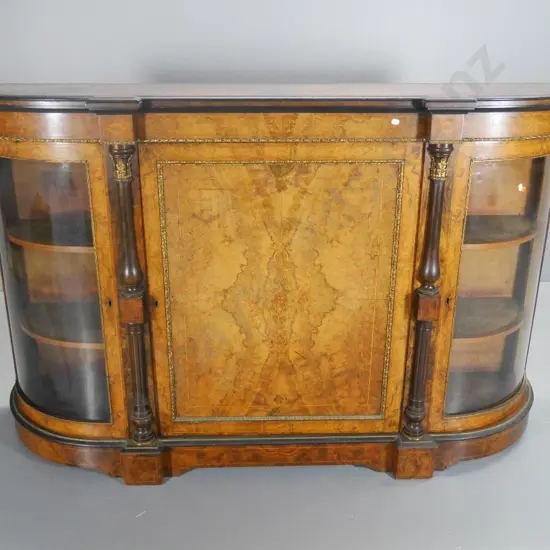 antique burr walnut credenza w/curved end doors, brass decoration and beading (some loose) marks to top H1040 W1630 D430