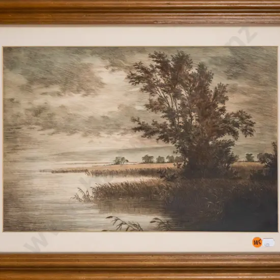 framed etching - lakeside scene  H-260 W-400