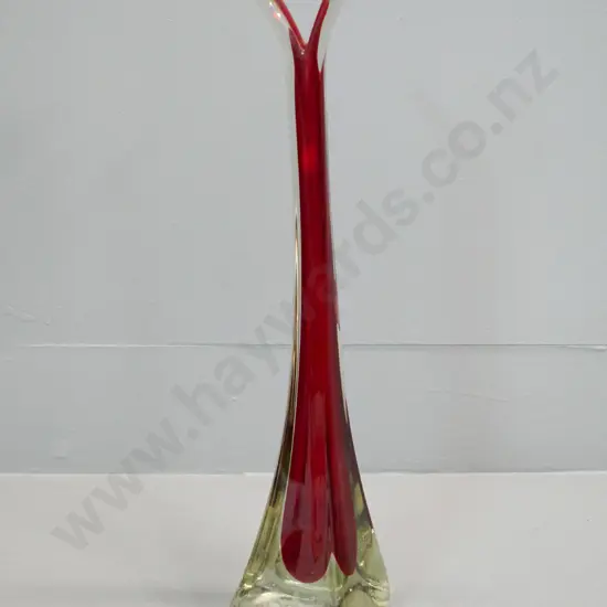 heavy clear base red stem art glass vase H-420