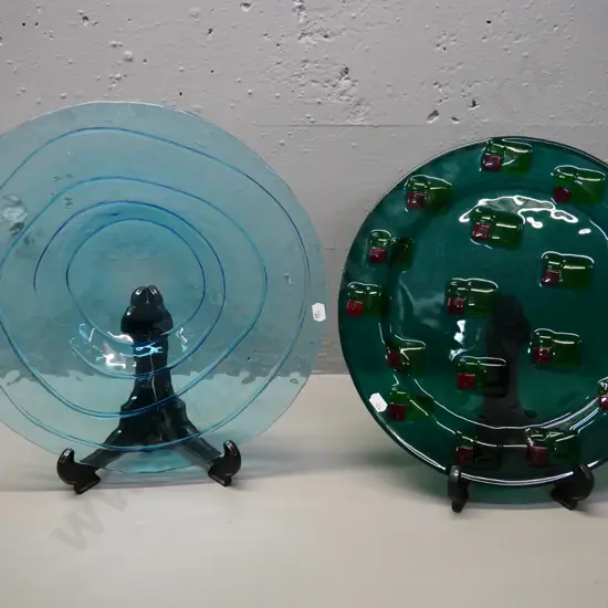 2 art glass items - turquoise shallow bowl D-350 and green geometric pattern display plate and