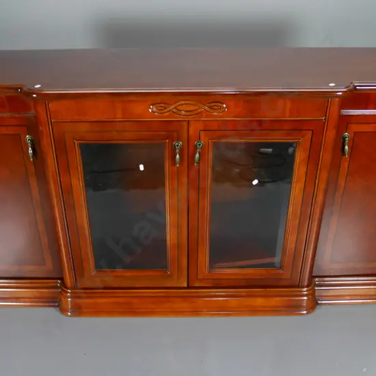 reproduction mahogany sideboard with flame veneer, brass handles, 2 solid and 2 glazed doors H850 W1850 D520