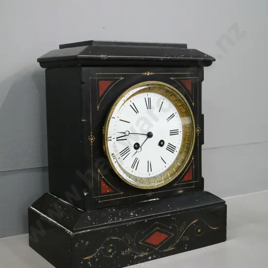 restorer's mantel clock in etched and inlaid black marble case, with key - base loose H-310 W-260 D-160 (not working)