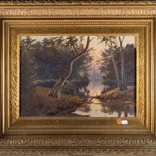 EWC '91 - gilt framed oil - tree and river scene H-240 W-340