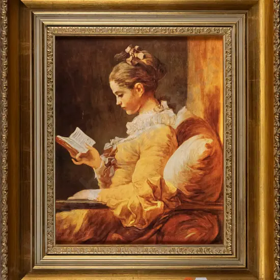 gilt framed oil- woman reading book H-280 W-225