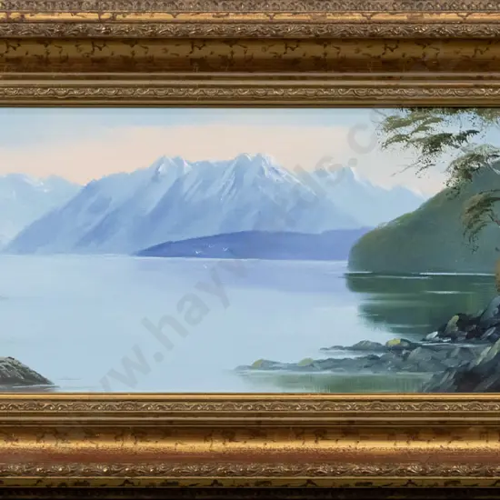 Don Parlane '85 - framed oil - lake and mountain scene H-210 W-590