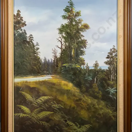 M Finnerty - framed oil - "Near Fox Glacier" H-740 W-540 (slight water staining to frame)