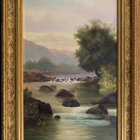 HW - gilt framed colonial oil - man fishing in river H-580 W-370