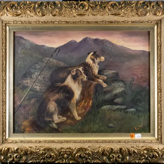 EW - gilt framed oil - dogs H-290 W-390