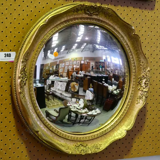 Atsonia England convex wall mirror in ornate gilt finish timber frame - chip to frame D-465