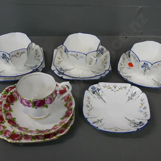 Shelley items - 2 trios, cup &saucer, spare saucer - and a Royal Albert Old English Rose trio